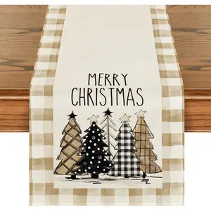 Artoid Mode Watercolor Brown Buffalo Plaid Christmas Trees Merry Xmas Table Runner, Seasonal Winter Holiday Kitchen Dining Table Decoration for Home Party Decor 13 X 72 Inch Artoid Mode