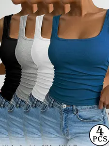 4-Pack Soft Casual Tank Tops | Minimalist Relaxed Style for Everyday Wear, Fabric, Black + Blue + Gray + White