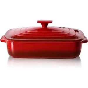 Large Ceramic Casserole Dish with Lid, 4.0 Quart Covered Rectangular Stoneware Baking Dishes for Oven, Deep 9x13 Inch Lasagna Pans for Baking and Serving,  for Christmas gifts, Red