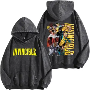 Vintage Invincible Mighty Universe Washed Hoodie 2 – Invincible & Omni-Man Team Graphic Tee, Superhero Comic Streetwear Cotton Shirt, Unisex Oversized Top, Gift for Fan, Gift for Him