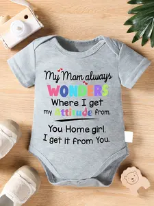 Baby Girl "My Mom Always Wonders" Humorous Graphic Bodysuit - Short Sleeve Cotton Onesie for Infants