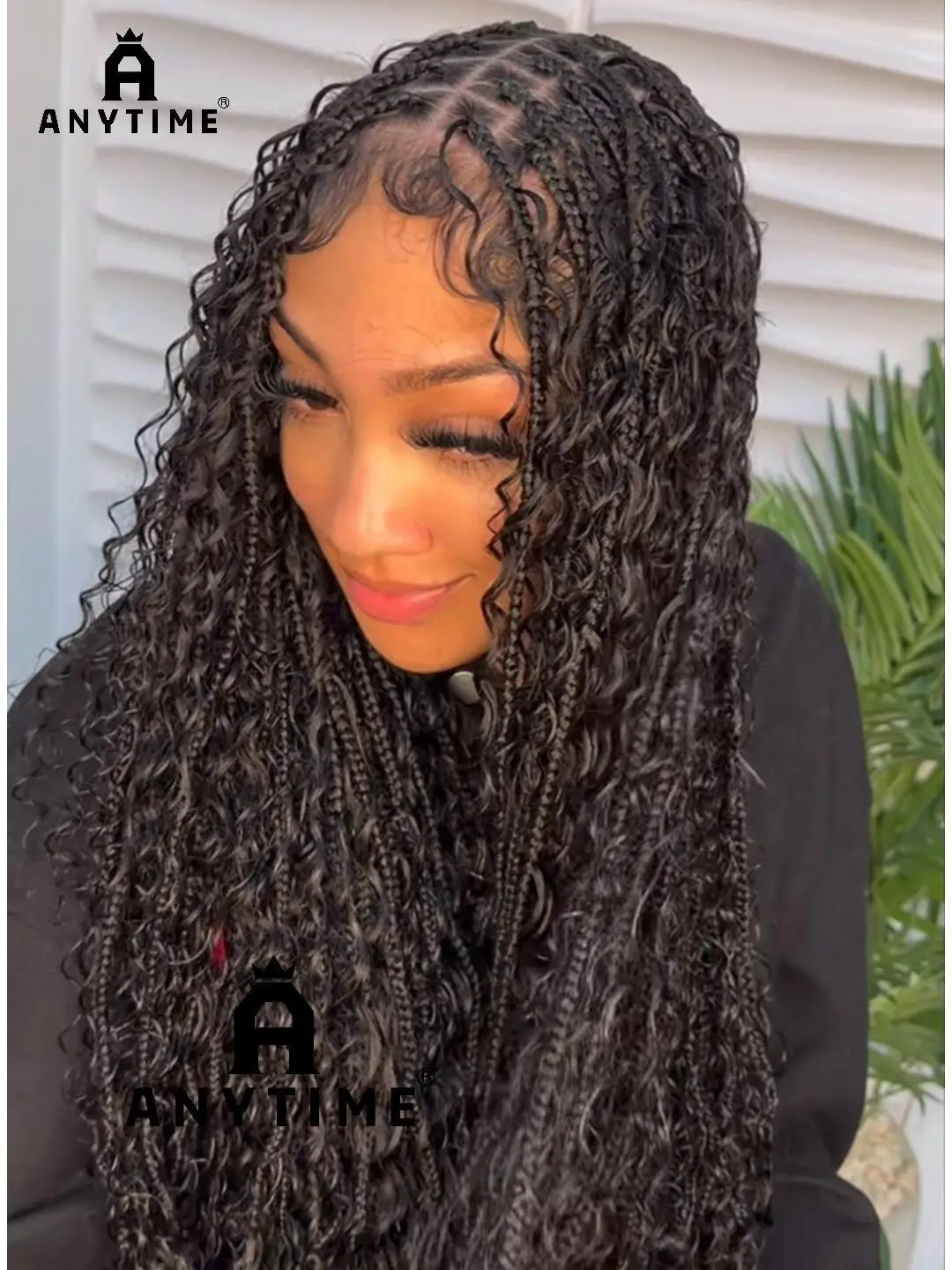 Anytime Wig 9×6 inches (32 inches), Boho box braids synthetic wig, curly braided wig for Black women, full lace front wig, pre-plucked black braided wig