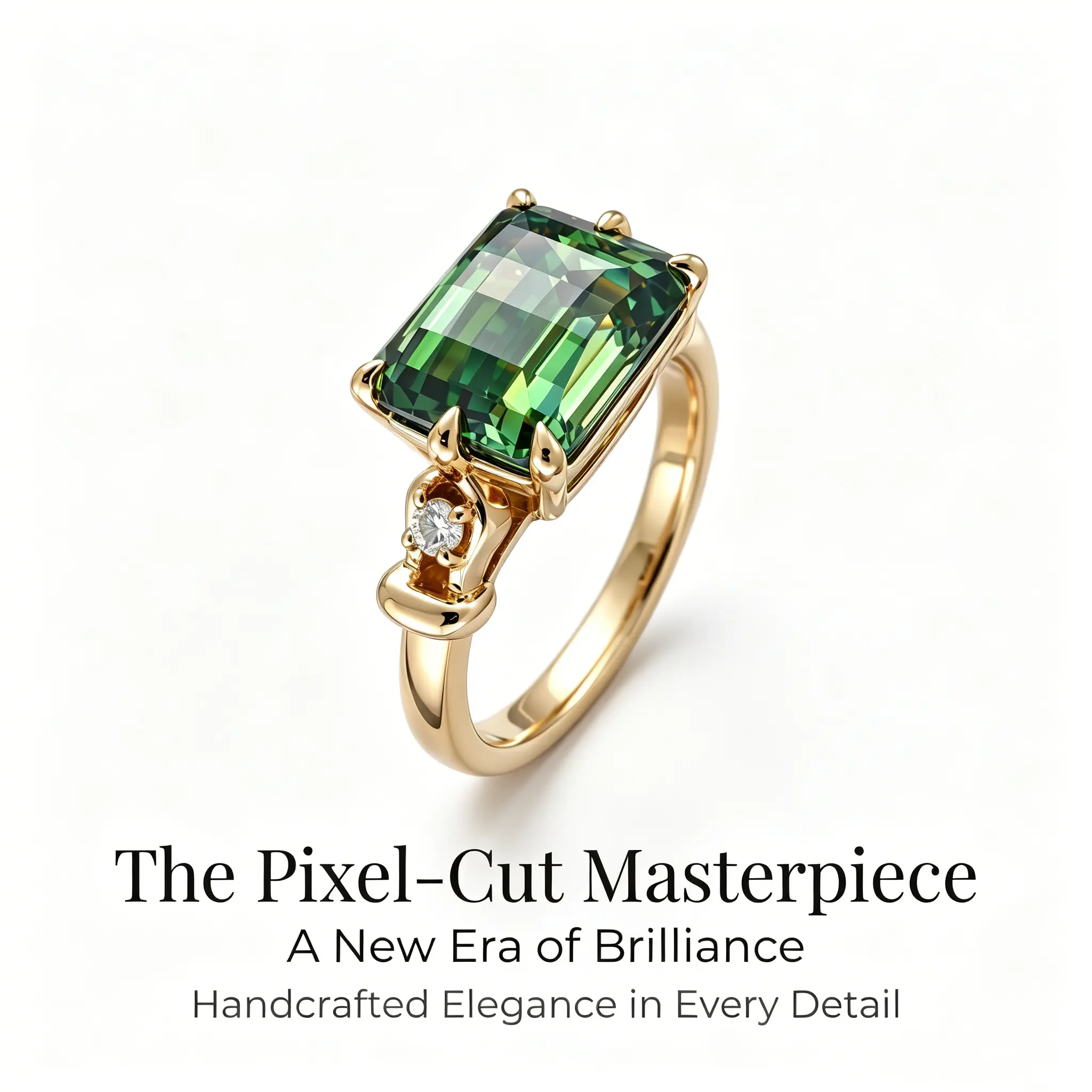 ZR "Forest Glow" 3ct Pixel‑Cut Forest‑Green Moissanite Ring Accent Side Stone Gold‑Plated S925 Sterling Silver Luxury Statement Ring【Tracie】#4945