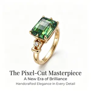 ZR "Forest Glow" 3ct Pixel‑Cut Forest‑Green Moissanite Ring Accent Side Stone Gold‑Plated S925 Sterling Silver Luxury Statement Ring【Tracie】#4945