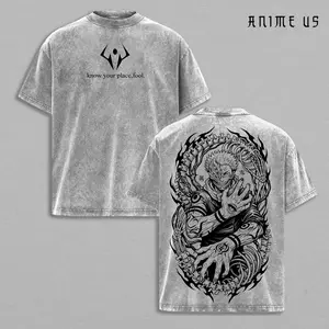 Ryomen Sukuna JJK Vintage Grey Wash Anime Shirt, Curse King Bone Ring Dark Aura Oversized Manga Streetwear Tee
