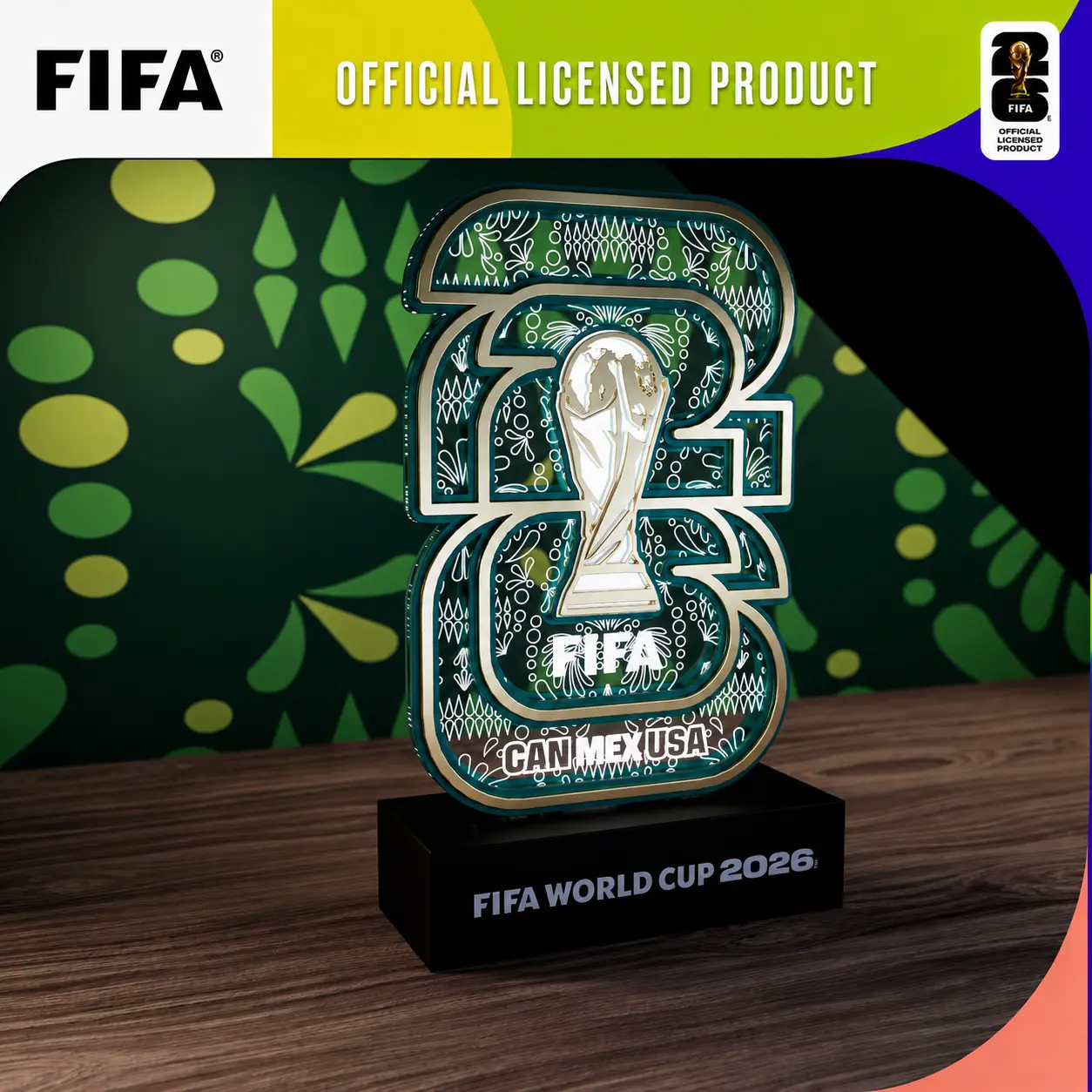 FIFA World Cup 2026 Official Licensed Illuminated Display – Multi-Layer Wood & Acrylic Memorabilia Decorfor Home, Office & Fan Collection – CAN MEX USA Trophy，Ultimate Championship Collectible，Inspired Memorabilia