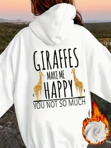 Women's Casual Letter Slogan Giraffe Pattern Fleece Hoodie with Front Pocket, Comfortable Winter Pullover, Fall & Winter Fashion