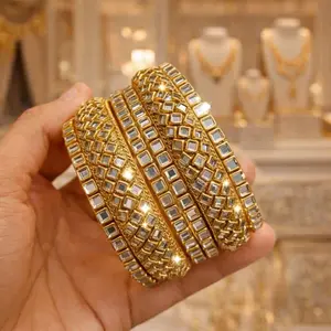 Kundan Bangles Set with Intricate Gold Design and Sparkling Square Stones for Festive Wear Includes 2 Kada and 4 Bangles