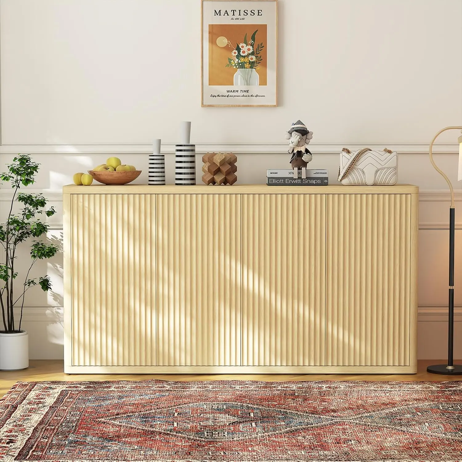 66.3in Large Adjustable Shelves Cabinet Sideboard, Modern Fluted 4-Door Indoor Storage Credenza with Easy Assembly, Coffee Bar Console Table for Living Room, Display & Drawer-Shelving Sideboard, Adjustable Shelves Sideboards, Cabinet Sideboards