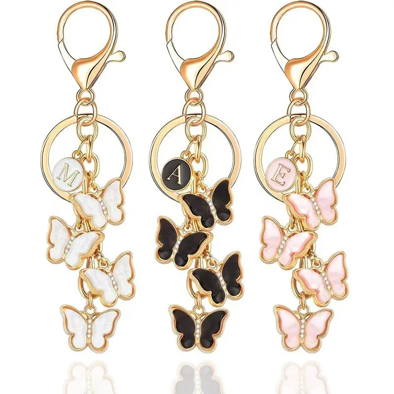 Women's 26-Letter Butterfly Initial Charm Keychain - Enamel Finish, Flower Accents Bag Charms for Handbag, Backpack (White, Pink, Black)