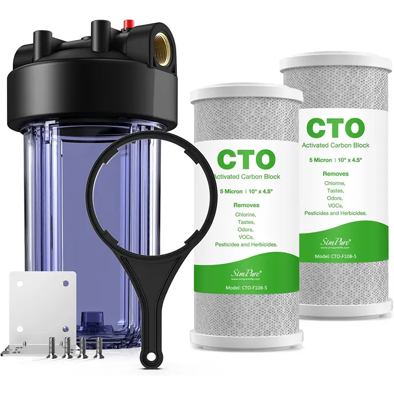 SimPure Whole House Water Big Filter Housing (DB10C), 10" x 4.5" CTO Carbon Filters & MPP Filters 1" NPT Brass Port