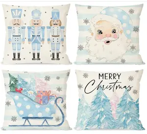 Christmas Pillow Covers 18x18 Inch Set of 4 Blue Christmas Tree Santa Sleigh Nutcracker Christmas Decorations Xmas Holiday Winter Decorative Throw Pillow Cases for Couch Room Home Decor