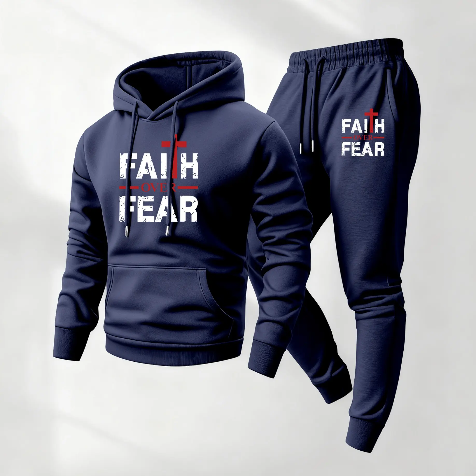 Men's 2-Piece Cross-Print Long-Sleeve Hoodie & Drawstring Track Pants Sweat Suit - Loose Fit Polyester, Pockets, Letter Print, Sporty Style, Male Mensfashion Autumn/Winter Casual Indoor Workout Activewear Set