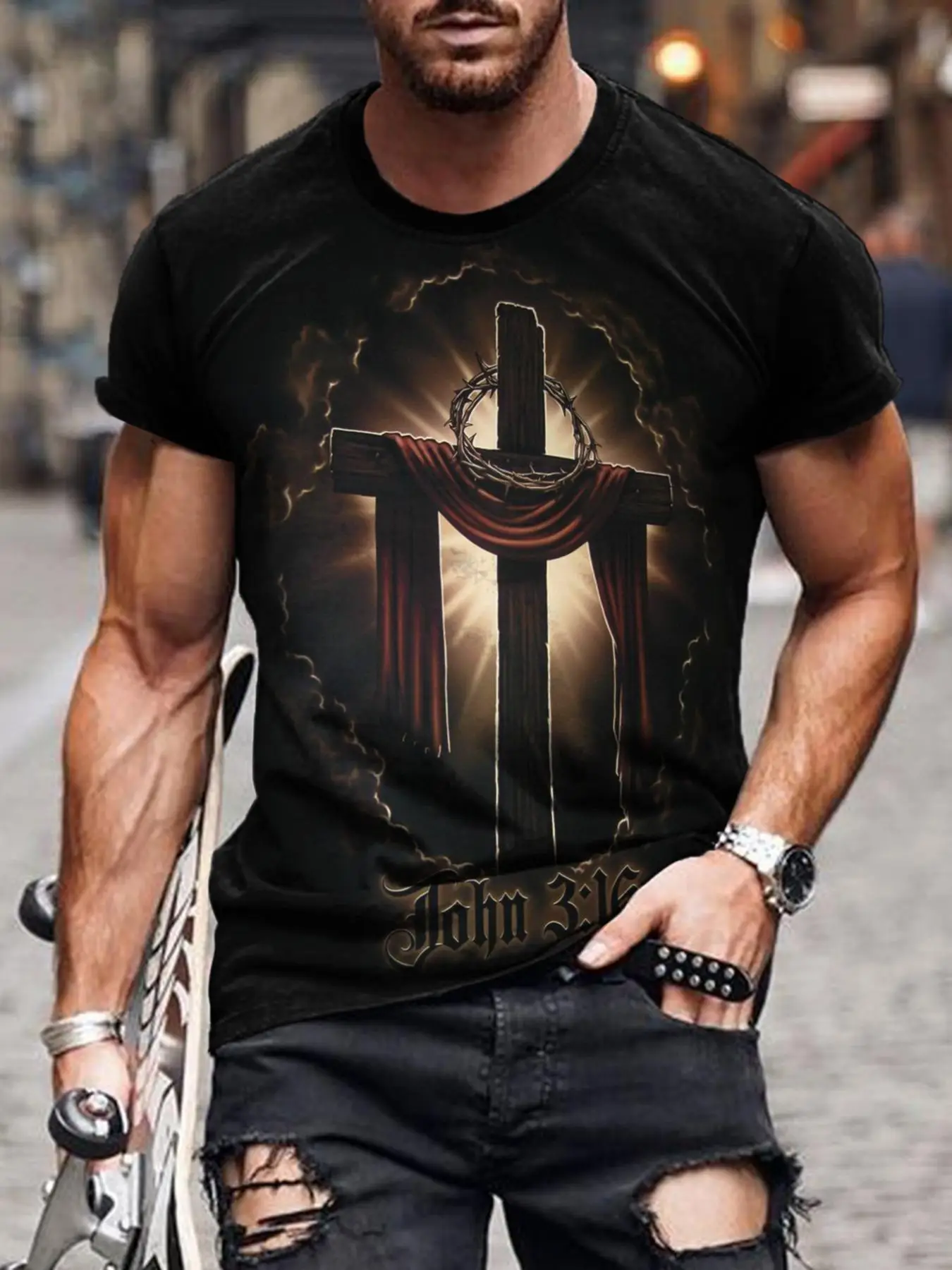 Men's Cross & Letter Print Round Neck Tee, Regular Fit Crew Neck Short Sleeve T-Shirt for Men, Casual Streetwear Top for Summer