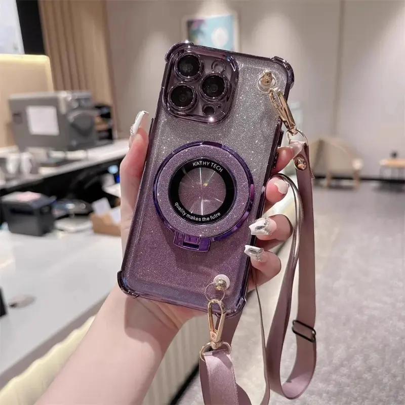 Luxury Plating Glitter Crossbody Necklace Cell Phone Lanyard Phone Case for iPhone 15 13 14 12 Pro Max 14 16 Plus 11 Magnetic Holder Cover Phone Strap Holder Phone Chain