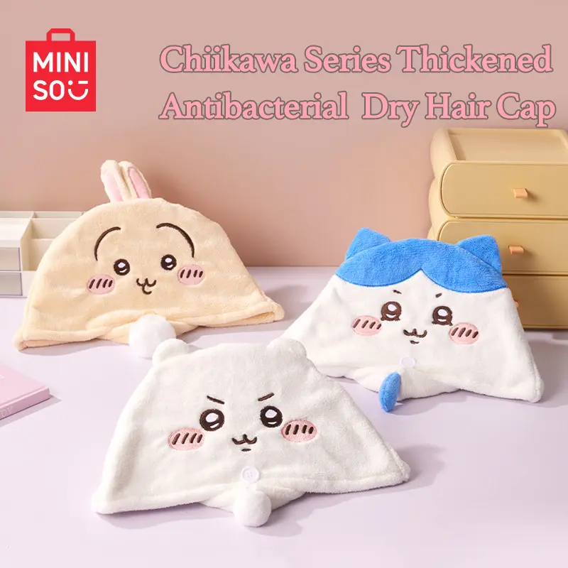 MINISO Authentic Chiikawa Series Thick Anti-Bacterial 3D Cartoon Dry Hair Cap - Super Absorbent, Quick-Drying, Soft Comfortable, 3D Ears Cute Design, Ideal for Home Shower & Hair Care, Perfect Gift for Mom