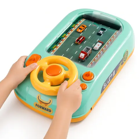 Steering Wheel Driving Game for Kids, Tabletop Racing Toy with Moving Road Display, Adjustable Speed, Music and Horn Sounds, Interactive Pretend Driving Gift