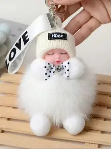 Cartoon Doll Keychain with Real Artificial Fur Alloy Round Decoration, Women's Car Key Ring, Perfect Valentine's Day Gift, Fuzzy Keychain, Keychains For Bags