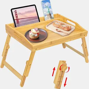 Mayyol Adjustable Bamboo Bed Tray Table with Phone Tablet Holder for Eating and Serving - Folding Legs and Adjustable Height for Lap Sofa Picnic kitchen table