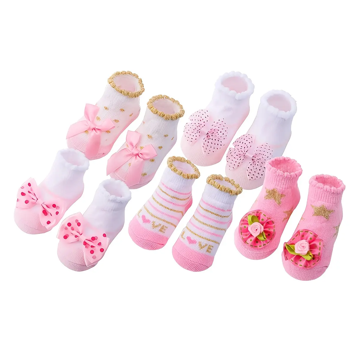 5 Pairs of Baby Socks with Bows And Lace, Suitable  Girls, Designed  Infants And Newborns Aged 0-2 Years, Featuring Cartoon Designs. two-piece set toddler girl  for princess peach poofy  a-line tank kid dress Elegant Beaded Girl's