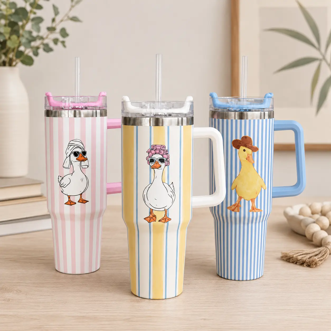 Cute Duck Tumbler Collection, Cowboy Duck Tumbler, Spa Duck Bottle, Aesthetic Striped Tumbler Gift