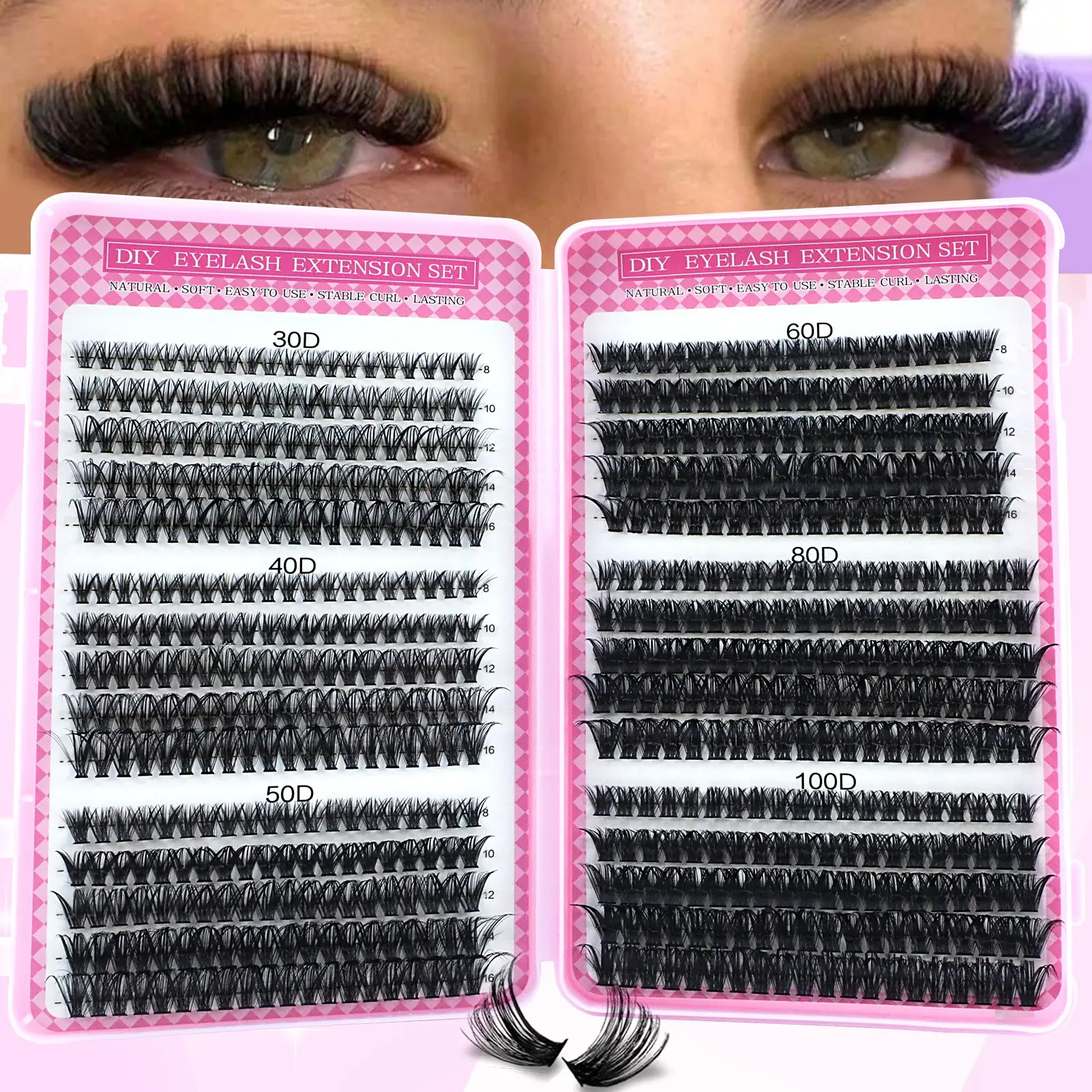 600 pieces of false eyelashes, eyelash extensions, D-shaped style, with a capacity of 8-16mm for large volume, 30D + 40D + 50D + 60D + 80D + 100D, suitable for self-implanting at home, friendly for beginners, DIY Eyelash Set