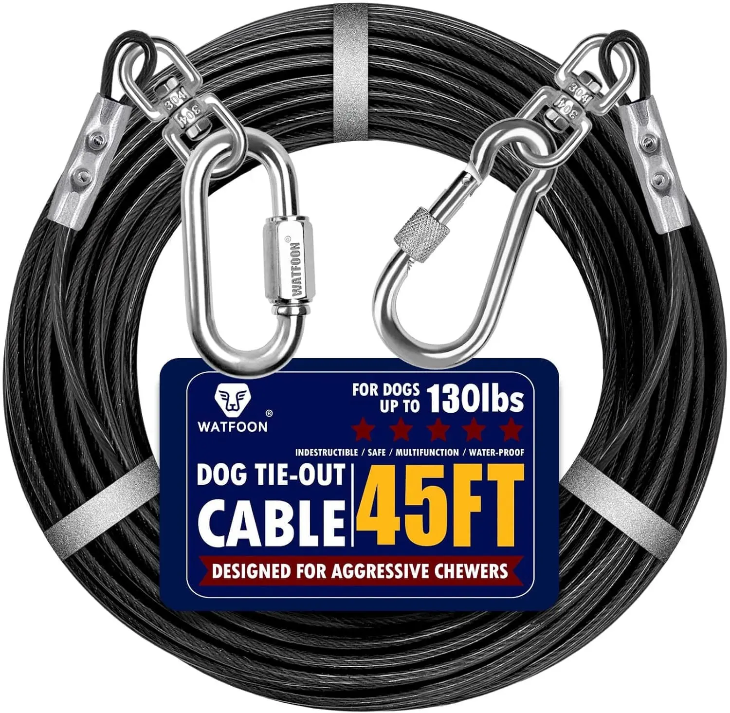 Dog Leads for Yard, 45ft Tie Out Runner Steel Wire Cable, Heavy Duty Pet Tether Chains for Dogs Up to 130 Lbs, Outside, Camping, Park (45ft-Black)