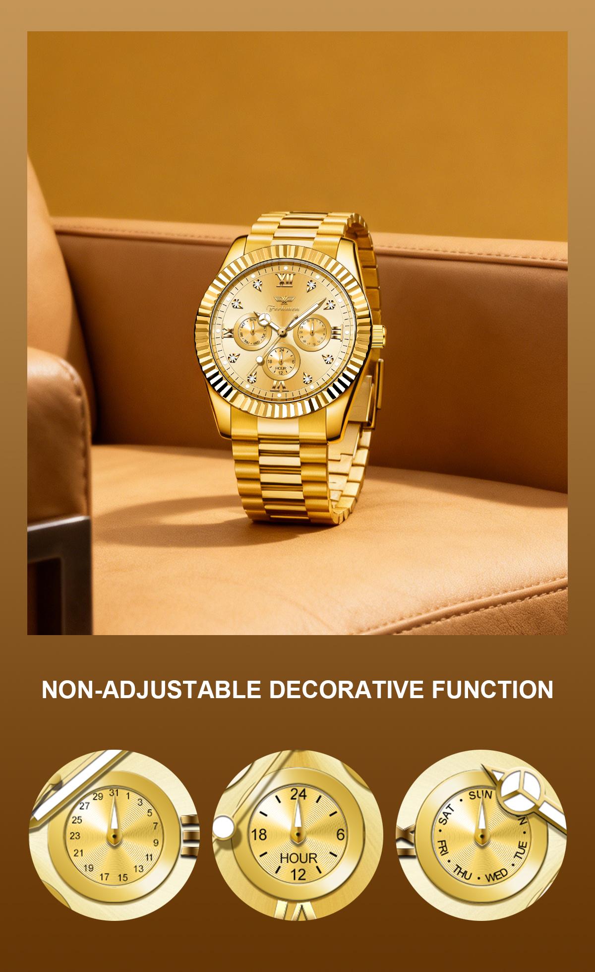 Ferhmen Men's Luxury Dress Watch, 41mm Gold Dial,Stainless Steel Band, Rotating Quartz Analog, relojhermoso, Waterproof & Lum, anniversary giftinous BigFace Wristwatch, Elegant Boss Style Watch