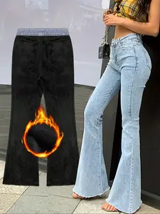 Nvfelix Mid-Waist Flare Jeans for Women, Fashion Casual Style Denim Jeans, Comfortable Slim-Fit Winter Wear, Zipper Fly Closure, Everyday