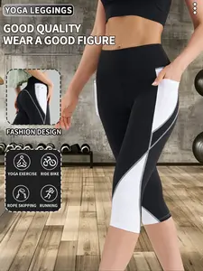 New Fashion Women's High Waist Sporty Yoga Pants, Soft Elasticity, Side Patchwork Design Pockets Detailing Capri Leggings, Perfect for Gym & Outdoor Activities Suitable for All Seasons Wear Activewear Bottoms