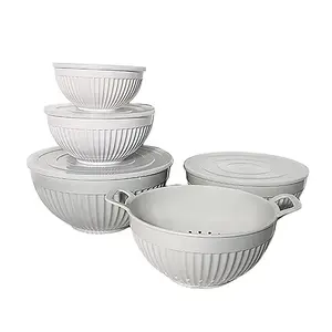 Mixing Bowl Set (5 Pieces + 4 Lids) | Nested Melamine | 7, 8, 10, 11” Bowls & 9” Colander | Cooking, Mixing, Baking, Prepping, Stirring, Serving | Space-Efficient Storage | Design & Color (Beige)