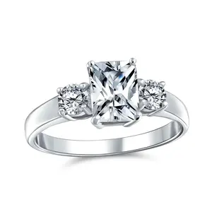 Timeless 2CT Emerald Cut Three Stone Engagement Ring in Sterling Silver