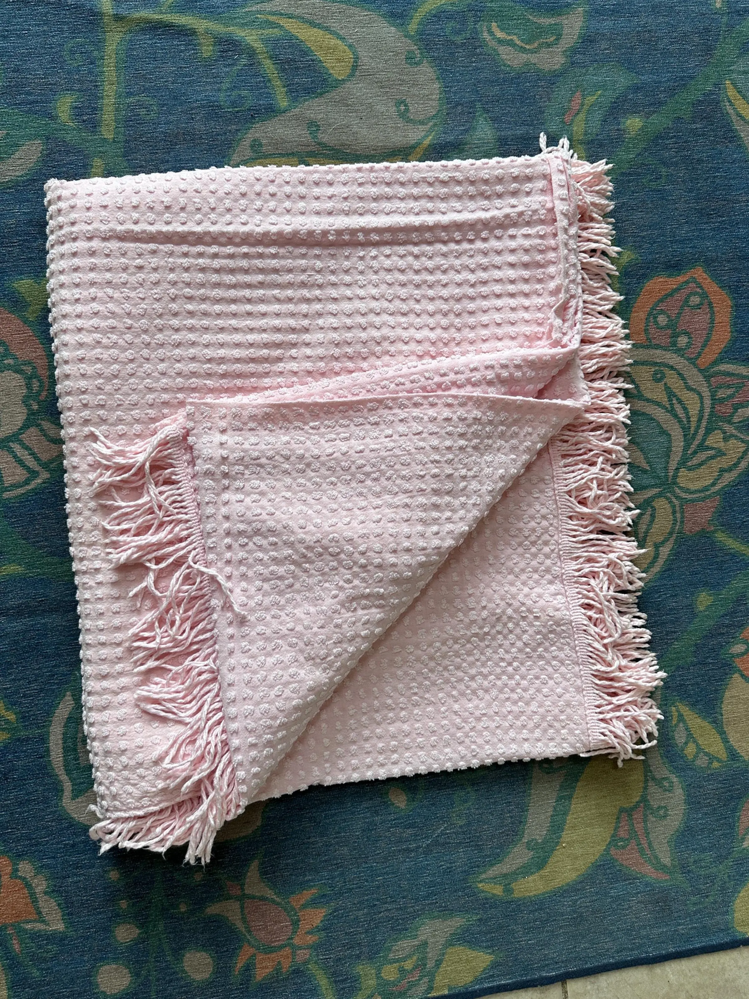 Vintage Morgan Jones Style Pastel Pink Chenille Swiss Dotted Bedspread | Fringe Trim | Cottagecore Bedroom Decor | 104” x 82” | EUC