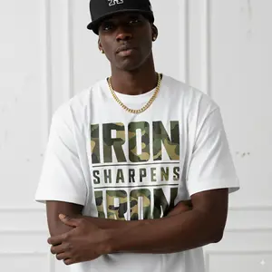 CMBT Men's Oversized 100% Cotton Graphic T-Shirt - "IRON SHARPENS IRON" & Proverbs 27:17 Bible Verse Design, Geometric Print Casual Streetwear Tee, Breathable Summer Top, Machine Washable, Summer Fashion | Camouflage Pattern | Durable Fabric