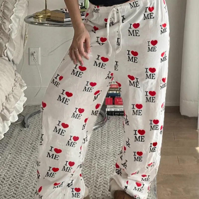 Women's All Over Heart & Letter Print Drawstring Waist Straight Leg Pants, Casual Comfy Elastic Waist Trousers for Daily Wear, Ladies Bottoms for Fall & Winter, Cuffed Adjustable Drawstring Pants, Casual Loose Pants