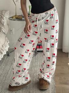 women's all over heart & letter print drawstring waist straight leg oversized pants, casual comfy elastic waist trousers for daily wear, ladies loose bottoms for fall & winter valentine's day, gift, womenswear