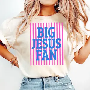 Comfort Colors Big Jesus Fan Shirt, Big Jesus Fan T-Shirt, Striped Christian Graphic Tee, Preppy Faith Inspired Design, Inspirational God Lover Shirt, Gift for Her Him, Vintage Aesthetic Casual Wear, Fast Shipping USA