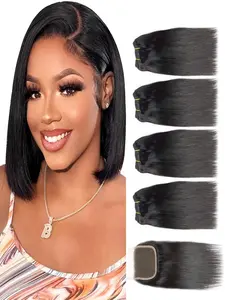 Straight Hair Bundles with Lace Closure — 8" + 8" + 8" + 8" Bundles (50g each) + 4x4 Lace Closure (5-Piece Set); 100% Virgin Brazilian Human Hair; Special Value Bundle Deal (4 Bundles + Closure); Quick-Install Hair Extensions; Natural Black.