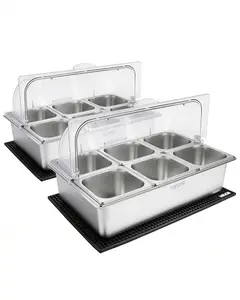 VEVOR Countertop Food Serving Display Container, Stainless Steel Food Salad Server Tray, Buffet Condiment Dispenser, Ice Cooled Rack with Clear Roll Top Cover, for Restaurant Hotel (6x1/6 Pan x2)