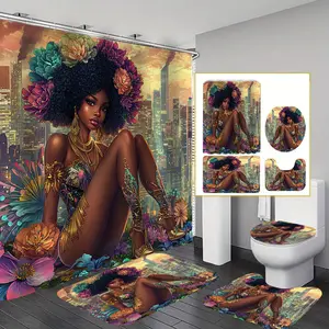 1/4pcs Valentine'S Day, African Lady Shower Curtain Set, Decorative Bathroom Set Includes Shower Curtain, Non-Slip Floor Mat, Toilet Cover, Bathroom Mat And 12 Plastic Hooks, Bathroom Accessories, Home Decoration