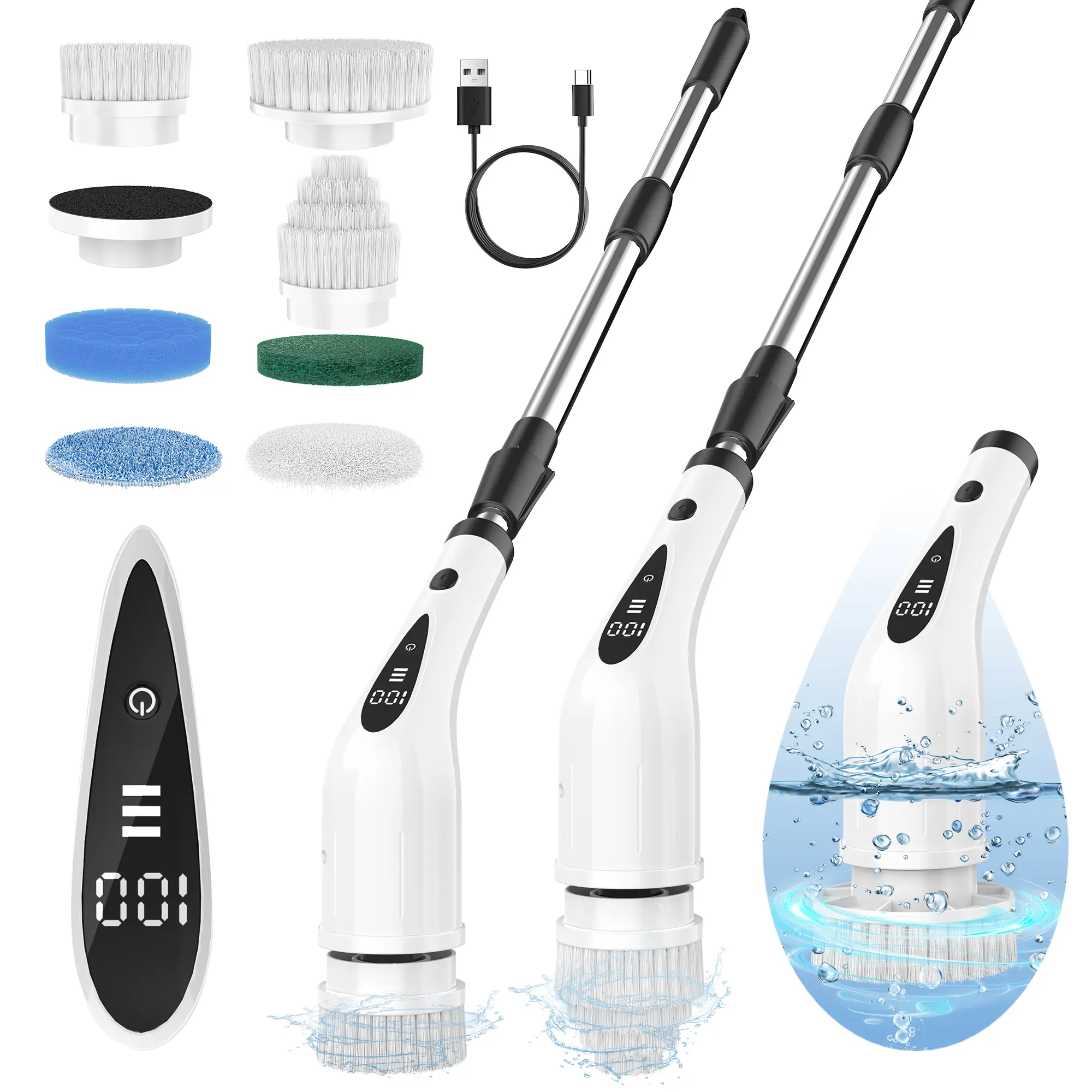 2026 New Upgraded Rechargeable Spin Scrubber Set - IPX7 Waterproof Powerful Cleaning Tool, 8 Interchangeable Scrubbing Cleaning Brush Heads, 3 Adjustable Speed Settings, Extension Pole, Ideal for Bathroom, Kitchen