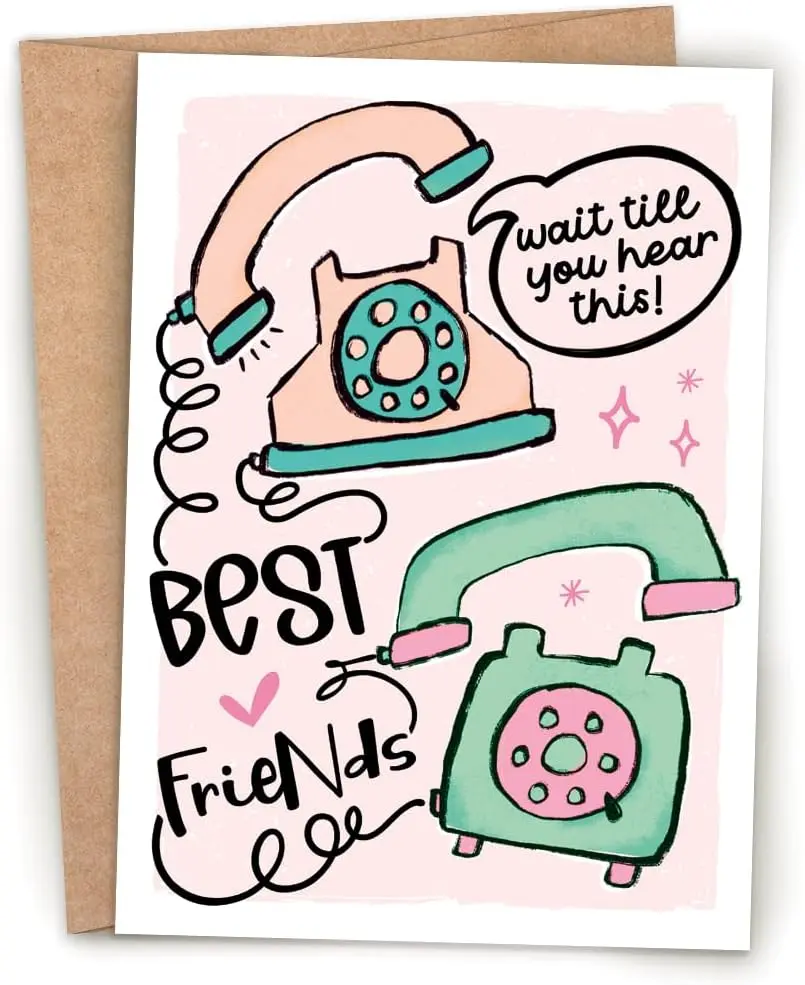 Sentimental Best Friend Greeting Card – Funny Friendship Card for Bestie Girlfriend, Close Friend, or Long-Distance Miss you, Thinking of You – Sarcastic and Quirky Illustrated Retro Phone Design | Gift Card with Envelope