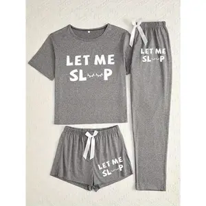 Women's Cartoon Letter Printing Pajamas Three-piece Set night Suit Cute Womenswear Knitting