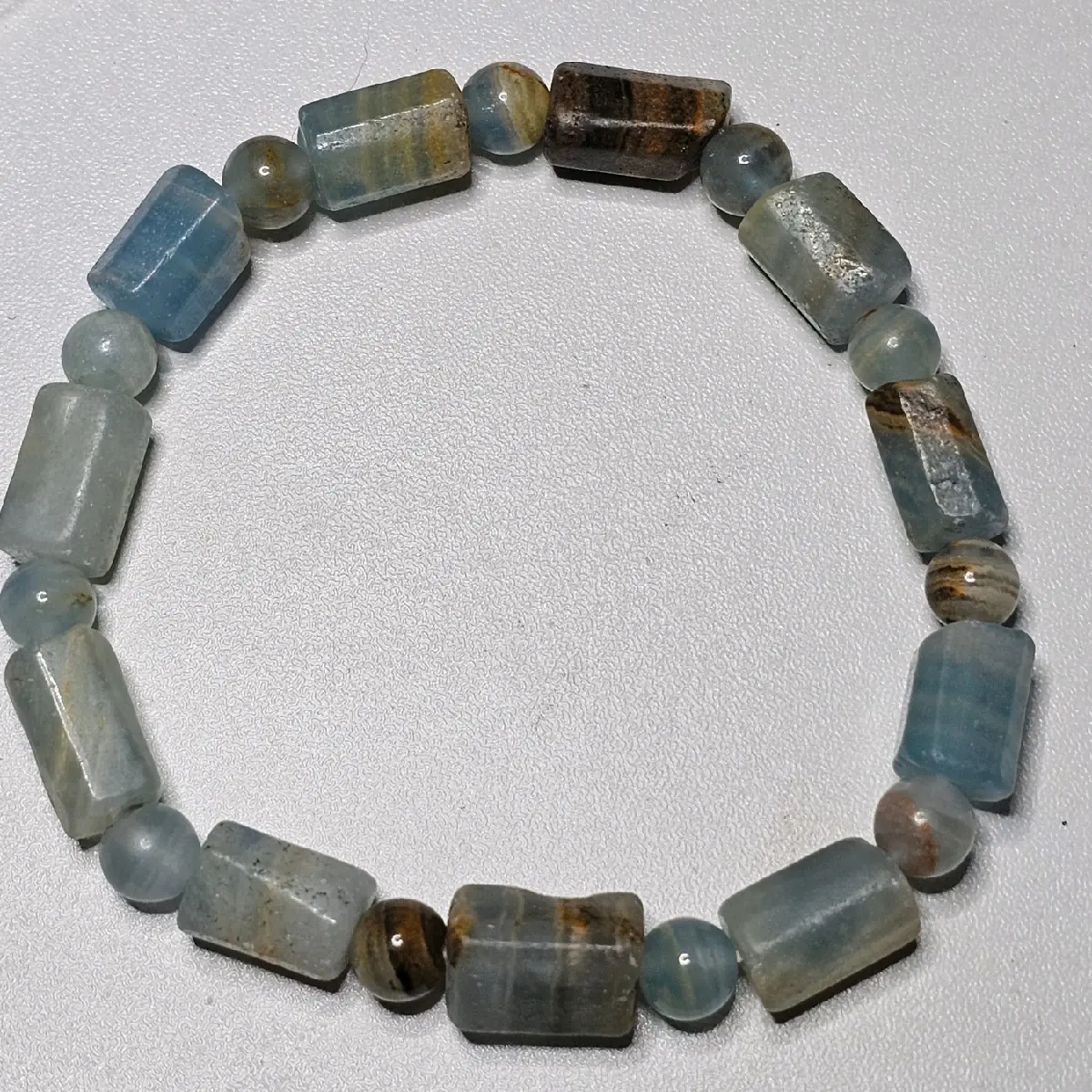 Barrel Shape Blue Calcite Natural Crystal Bead Bracelet 7"