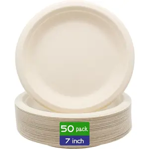 100% Compostable Disposable Paper Plates Heavy Duty Waterproof Plates50 Pack 7 inch EcoFriendly Plates Natural Biodegradable Sugarca Bagasse Dinner Plates Unbleached Brown