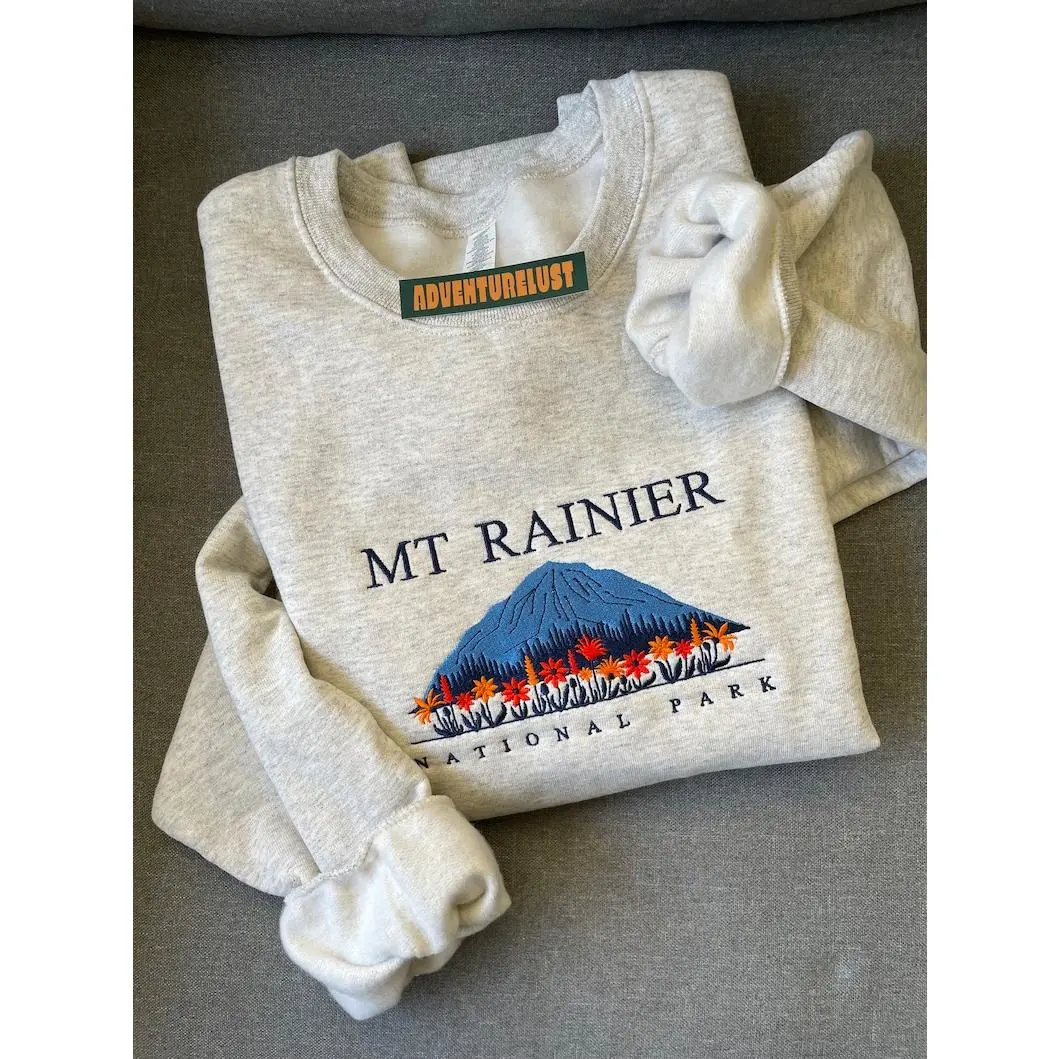 Embroidered Mount Rainier National Park Crewneck, Washington State Embroidery Sweatshirt, Gift for Nature Lovers Adventure Seekers, outdoors sweatshirt
