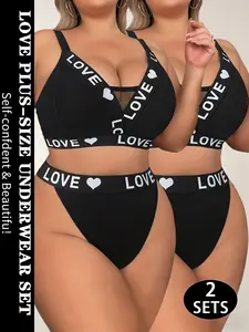 2 Set Trendy LOVE Letter Print Fitted Plus Size Underwear Set Wireless Sporty Chic Lingerie Bra for Curvy Girls High Elasticity Comfort Set  Must-have Intimates for Women