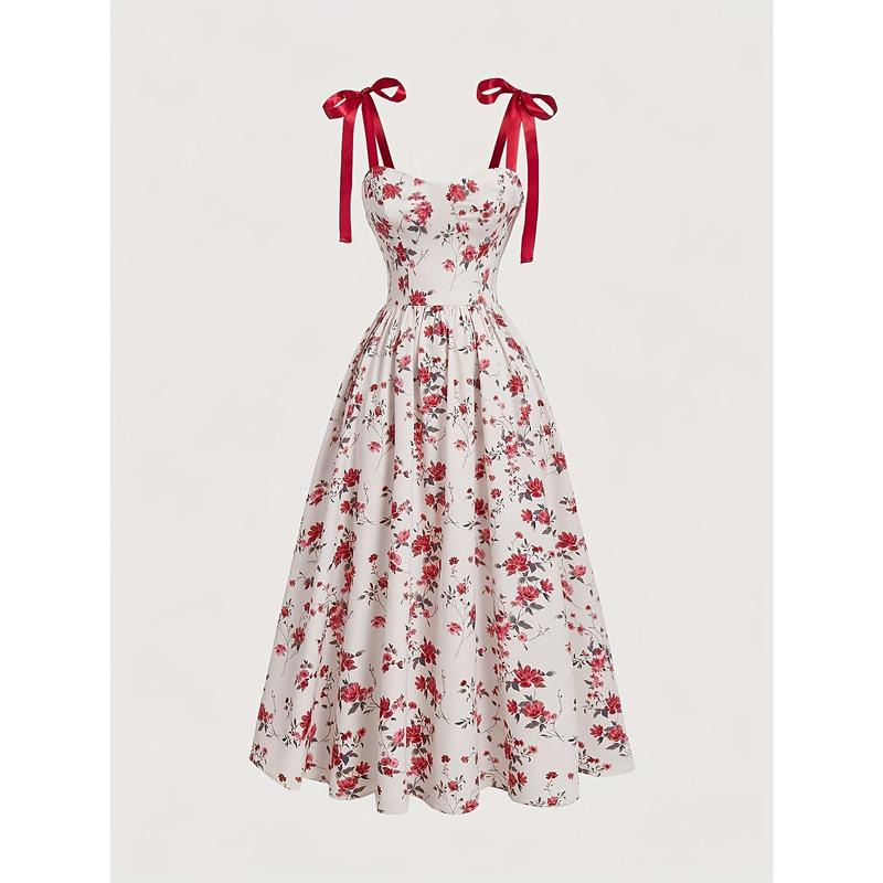 Stand Collar Drawstring Women's Elegant Off-Shoulder Floral Print Dress with Red Bow Straps - Women's Smocked Tiered Maxi Dress