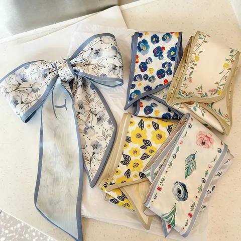 5 Pcs / 1 Set Elegant French Style Polyester Scarf Set, Vintage Hairband, Woven Ribbon, Multifunctional Scarf, Bag Accessory, Decorative Hair Accessories, Women and Girls, All Seasons, Floral Pattern, French Influence, Polyester Material