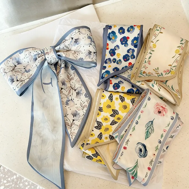 5 Pcs / 1 Set Elegant French Style Polyester Scarf Set, Vintage Hairband, Woven Ribbon, Multifunctional Scarf, Bag Accessory, Decorative Hair Accessories, Women and Girls, All Seasons, Floral Pattern, French Influence, Polyester Material